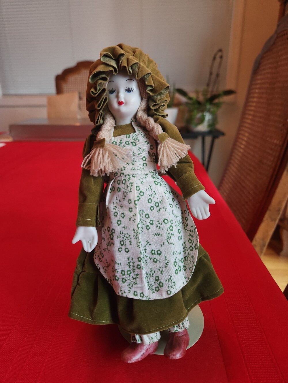 Source Unknown Olive Green Fabric & Porcelain Bonnet Doll